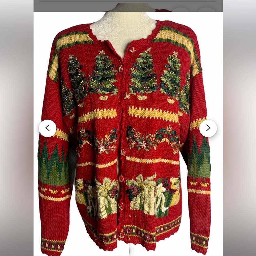 Very Pretty Christmas Sweater Medium, Red with Christmas trees and gifts.